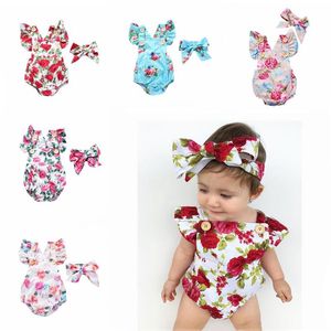 Filles Designer Vêtements Bébé D'été Floral Vêtements Ensembles Enfants Fleurs Imprimé Barboteuses Bandeau Costumes Infant Bodys Chapeaux Escalade Vêtements Coiffe BC339