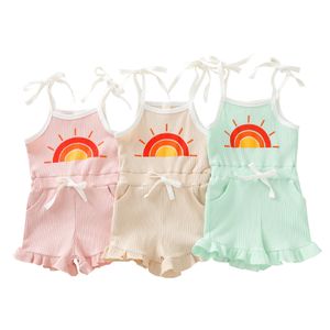 Filles Designer Vêtements Été Rainbow Lace-up Bretelles Combinaisons Onesies Casual Boutique Barboteuses Débardeur Shorts Sisters Wear B8100