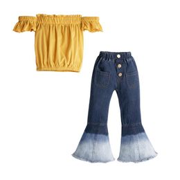 Meisjes Designer Clothing Sets Kids Summer Off Schouder Tops Cowboy Bell-Bottom broek Pakken Strapless Fly Sleeve Boob Tube Tops Flared Trousers Jeans Outfits