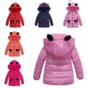 Meisjes dot strikje lange hooded bovenkleding pocket oren hoodies kinderen donsjassen baby cartoon winter katoenen jas uitloper babykleding AzyQ6487