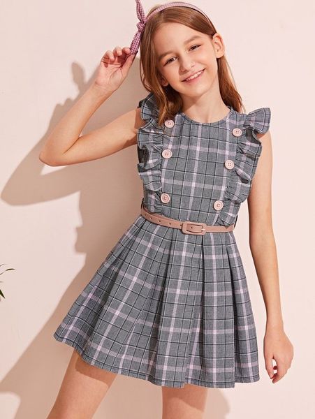 Robe ceinturée à carreaux avec bordure à volants pour fille SHE