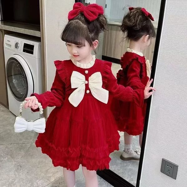 Vestido para niñas Otoño Niña Falda esponjosa roja Niños de 38 años Manga larga Pajarita de moda Gasa rosa 240223