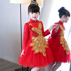 Meisjes jurk Chinese stijl 2018 nieuwste winter gouden phoenix emboridery jurk dikke warme baby meisjes lange mouw prinses jurken voor 3-10 jaar