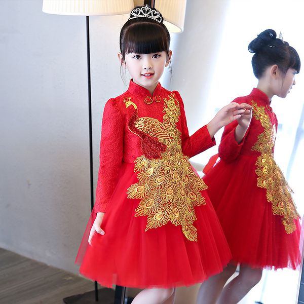Vestido para niñas Estilo chino 2018 El más nuevo vestido bordado de Fénix dorado de invierno Vestidos de princesa de manga larga para niñas gruesas y cálidas para 3-10 años