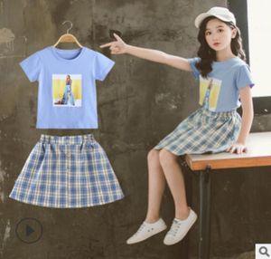 Meisjes Jurk Kleding Set 2021 Nieuwe Zomer Kinderkleding Jas Kinderen Shirt Actieve Sets 2 Stuk Twee Plaid Kleuren Size414 ly3696117225