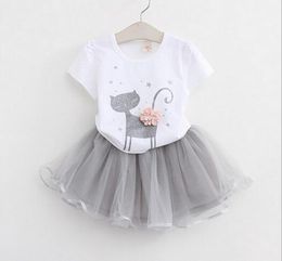 Meisjes jurk nieuwe 2017 kleding 100% zomer mode stijl cartoon schattige kleine witte cartoon jurk kitten gedrukte jurk G158