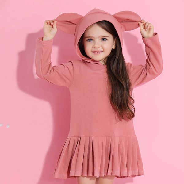 Robe pour filles nouvelle marque bébé filles Blouse oreilles de lapin à capuche froncé à manches longues enfants vêtements robe filles vêtements