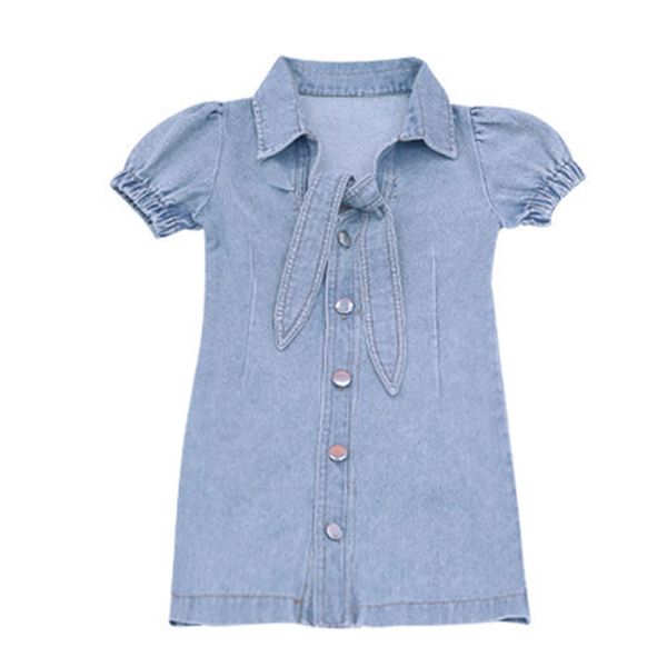 Vestido de niñas primavera otoño europeo americano Denim botón Bowknot cola flecos manga larga bebé niños camisa 210625