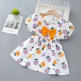 Girls Hobe Summer Flower Flower Flower Childrens Bubble Bubble Style Style Bow Sweet Baby Daily Robes 240403