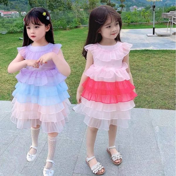Robe de filles Sweet Rainbow Mesh Cake Summer Enfants Sans manches Princess Party 210515