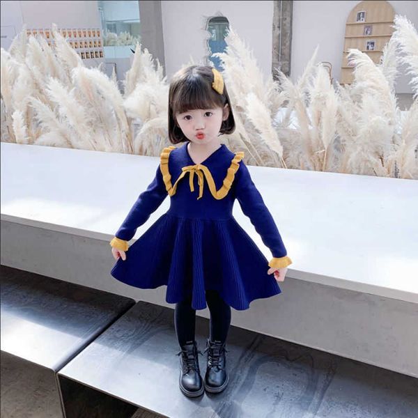 Vestidos para niñas, novedad de 2021, suéter de cereza de estilo occidental tejido para niños coreanos de primavera y otoño, ropa azul zafiro para niñas X0803