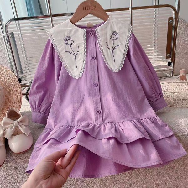 Filles robes bébé décontracté rose vêtements été coréen coton lin princesse grand col rabattu 230410