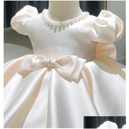 Filles robes baby robe perles arc né baptême pour la 1ère année des manches bouffées de fête d'anniversaire