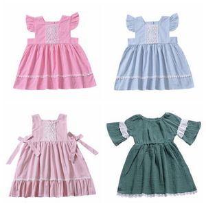 Meisjes jurken baby vlieg mouw geplooid jurken kids kant eerlijke maide prinses kind zomer vintage jurk boutique bowknot party sundress b5945