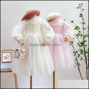 Filles Robes Bébé Enfants Vêtements Bébé, Maternité Tricoté Épissage Gaze Manches Bouffantes Robe Perle Dentelle Tle Net Fil Printemps Automne Enfants P