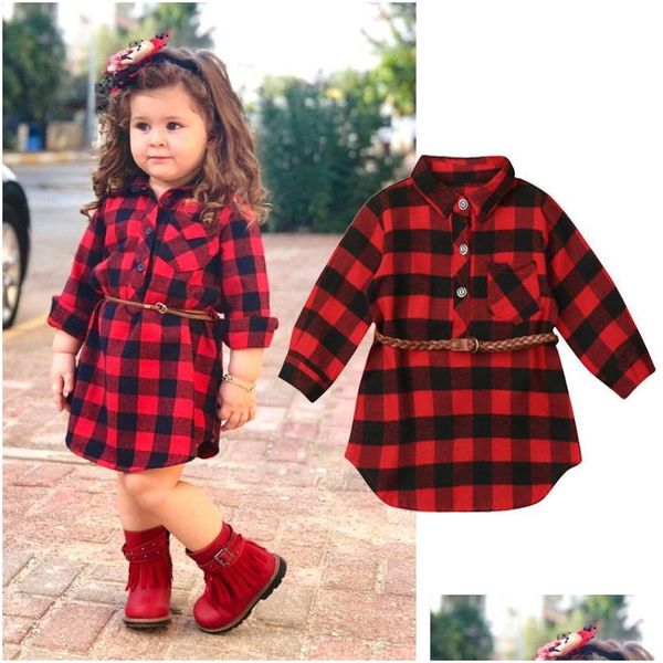 Vestidos para niñas Bebé Nueva llegada 0-5Y Niños recién nacidos Princesa a cuadros rojos Fiesta Vestido de manga larga Cintura Ropa Entrega de entrega Maternidad Dh5Lm