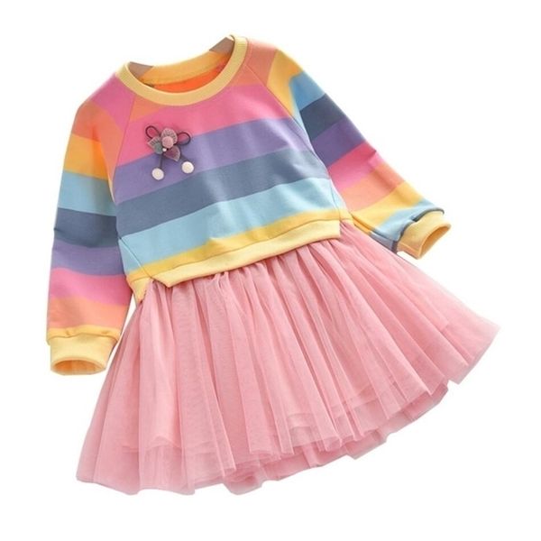 Filles robes bébé princesse automne pull polaire gaze Tutu enfants vêtements à manches longues rayures arc-en-ciel pour 221107