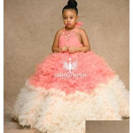Robes de filles boule gonflée fille de fleur pour perles de licou cristal robes de concours africaines jupes à plusieurs niveaux tle enfants robe de bal livraison directe Ba Dh9Bz
