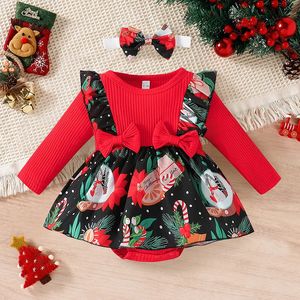 Robes de filles Robe de Noël Bodys pour bébés Vêtements de costume avec bandeau imprimé à manches longues Automne Vêtements de fête pour tout-petits 231030