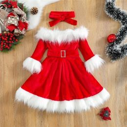 Vestidos de meninas natal criança bebê menina roupas de pele falsa retalhos manga longa fora do ombro aline com cinto arco headband 221107