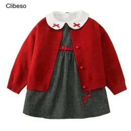 Robes pour filles Clibeso, ensemble de 3 pièces pour fête de premier anniversaire, Cardigan tricoté rouge, chemisier blanc sans manches, pour bébés enfants, 231124