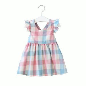 Filles Robes Cross Back Check Coton Été Enfants Boutique Vêtements Coréen 1-6Y Enfants Robe À Manches À Volants