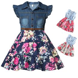 Filles Robes Denim Robe Florale Fête D'été avec Ceinture Enfants Volant À Manches Courtes Vêtements Décontractés Bébé Fille Enfants Mode Outfit 230518