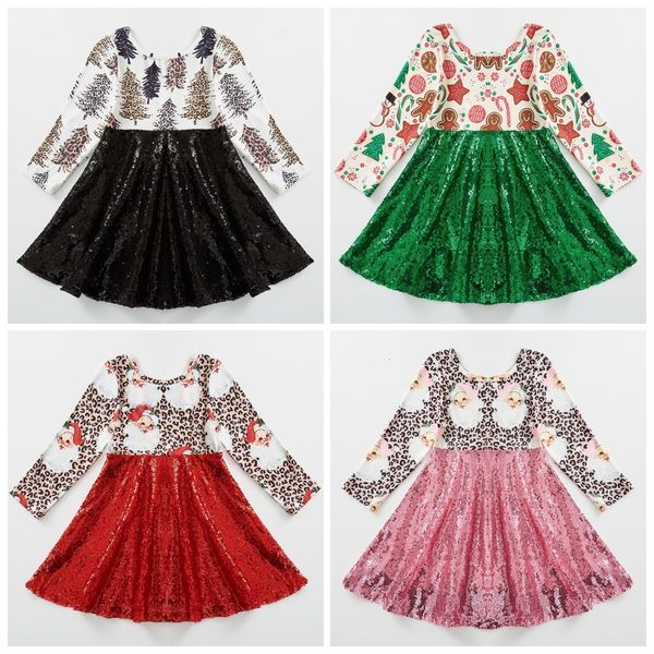 Filles Robes Exclusif Girlymax Noël Bébé Enfants Vêtements Lait Soie Imprimer Volants Paillettes Twirl Robe Longueur Au Genou À Manches Longues 230217