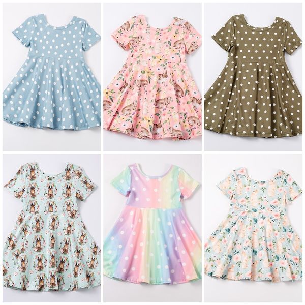 Vestidos para niñas Exclusivo Girlymax Easter Baby Ropa para niños Milk Silk Bunny Print Gingham Lawn Twirl Dress Hasta la rodilla Manga corta 230518