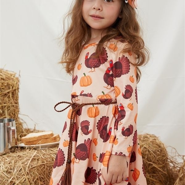 Robes pour filles Exclusif Girlymax Automne Thanksgiving Bébés Filles Lait Soie Floral Turquie Imprimer Tourbillon Robe Longueur Au Genou Enfants Vêtements À Manches Longues 2201006