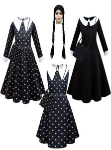 Robes de filles Fashion Kids Movie Mercredi Addams Cosplay Robe princesse et sac de perruque Set Girl Halloween Costume Carnival Gothic BL4074272