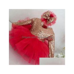 Vestidos de niñas Girl Bling Gold Sequined Vestido infantil con arco Tle Tle Baby Baby Fiesta de la primera fiesta de cumpleaños Catsipa Drop de entregar dhoeu