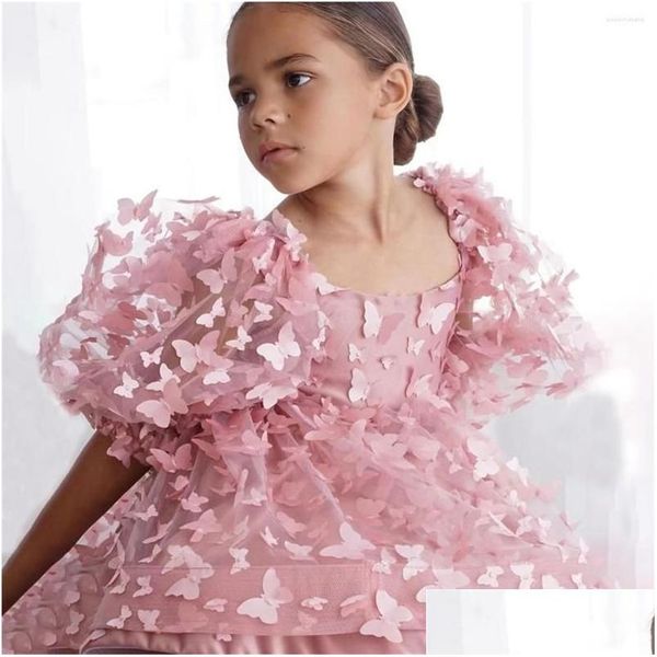 Vestidos para niñas Vestido de flores con mangas hinchadas de color rosa encantador para apliques de mariposas en 3D Fiesta de cumpleaños sin espalda Vestido de primera comunión Drop Otlve