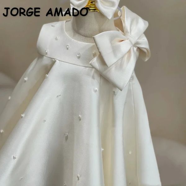 Robes de filles style coréen été bébé fille robe de soirée blanc sans manches col rond avec noeud de perle et noeud papillon vêtements de mariage E719 231124