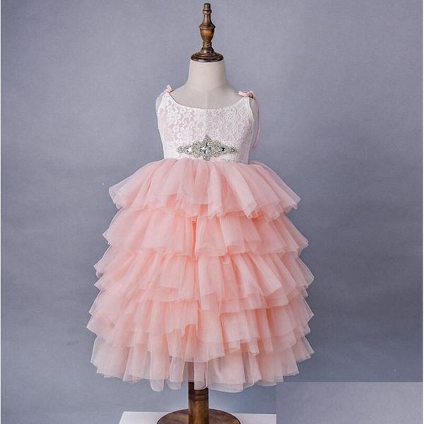 Vestidos para niñas Princesa de encaje Verano Niños Rhinestones Cinturón Suspender Tiere Tle Tutu Dresss Niños Vestido de fiesta largo A00380 Drop Dh1Dw