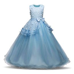 Meisjes jurken lange prom jurken prinses pageant formele jurk boog sjerpen tule kleding kinderen tiener meisje bloem fancy jurk 14 jaar G1129