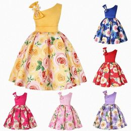 Vestidos para niñas Skew Hombro Niños Vestido de una sola pieza Estampado de rosas Noche de vacaciones Falda de rendimiento Verde Rojo Rosa O6rl #