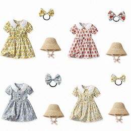 Robes de filles d'été enfants robe de fleur fragmentée fille bébé col rabattu jupes à bulles à manches courtes pare-soleil chapeau robe de princesse taille de tête gratuite 70- I8cC #