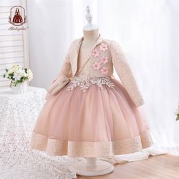 Robes de filles yoliyolei 3pcSset robe gonflée pour jacquard motif tulle patchwork enfants vêtements 3d appliques anniversaire décontractée 230410