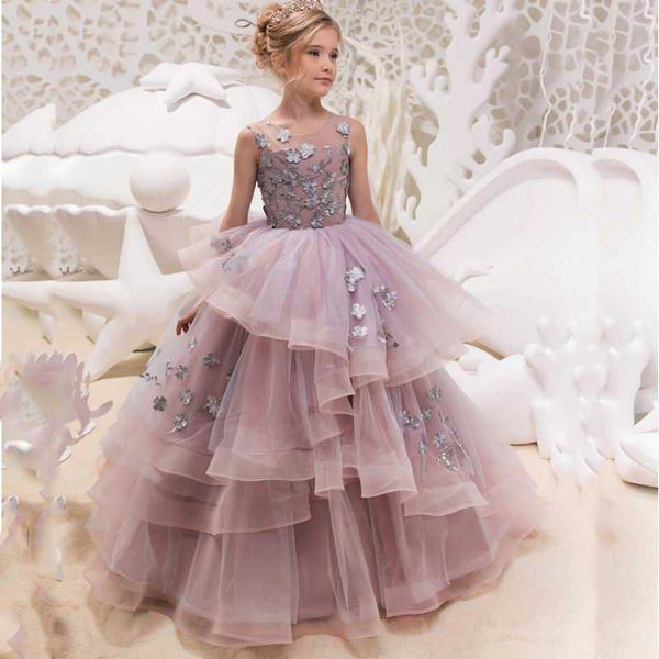 Robe de soirée pour filles Applique Flower Party Robe de bal en couches pour mariage Princesse Enfants Vêtements 2-13Y GD005 210610