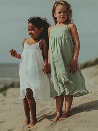 Filles falbala ourlet coton suspension robes kids rosée épaule princesse robe d'été enfants vêtements de vacances de plage z7871