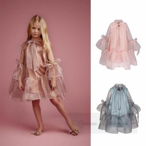 Meisjes falbala zijde prinses jurken kids lace-up Bows tie flare mouw jurk Baljurk kinderen prestatie kleding Z7026