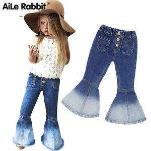 Meisjes mode boot cut jeans Cowboy wijde pijpen metalen knopen elastische taille broek kinderen Zeemeermin Splicing benen kleding