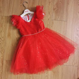 Meisjes veer xmas jurk voor kinderen tiener pailletten vlieg mouw tutu prinses feest kinderkleding 210529