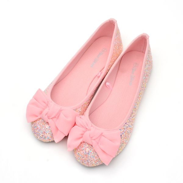 Zapatos planos de cuero para niñas, zapatos de princesa con lentejuelas brillantes informales para niños, zapatos de baile con decoración de lazo para niños