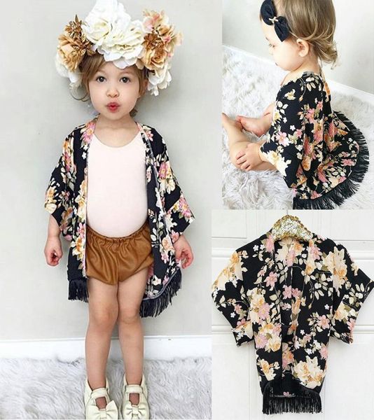 Girls Floral Caps poncho con borlas estampadas en manga media ancha Ramie Spring Autumn Tops