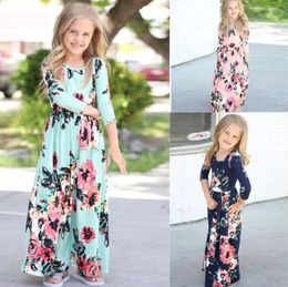 Filles Floral Maxi Robes Enfants Fleurs Robes Vintage Bohème Robe De Vacances Casual Longue O Cou Robe De Soirée Princesse Robe D'été Vêtements C6844