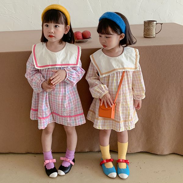 Filles vichy robes col marin printemps 2021 enfants Boutique vêtements coréen 1-6T enfants coton robe à carreaux