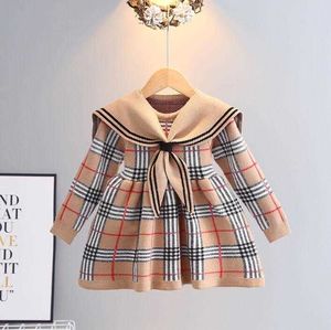 Filles Grande Qualité Bébé Tricoté Plaid Chandails Robes Printemps Automne Fille À Manches Longues Robe De Princesse Enfants Collège Style Robe À Tricoter 2-7