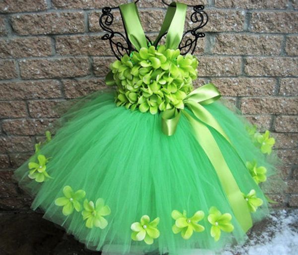 Vestido de tutu com pétalas de flores verdes para meninas Vestido de tule fofo com alças Vestido de baile com laço de fita Crianças Vestidos de festa